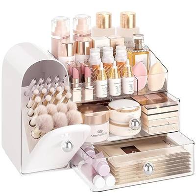 Delamu Makeup Organizer for Vanity with Closed Brush Holder, Large Bathroom Counter Organizer with Drawers, Skincare Organizers for Countertop, Storage Perfume Cosmetic Beauty, Girl Gifts (White)