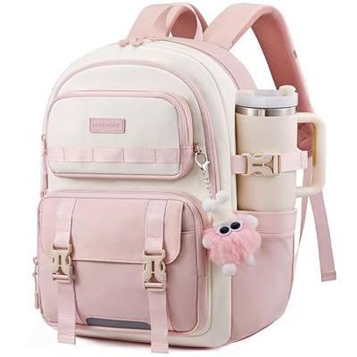 LOVEVOOK Big School Backpack for Teen Girls Anti-Sagging Laptop Bookbag | For Age 8-16 Middle High School College, Fits 15.6" Laptop & Large Water Bottle, with DIY Webbing & Cute Plush Charm,Pink