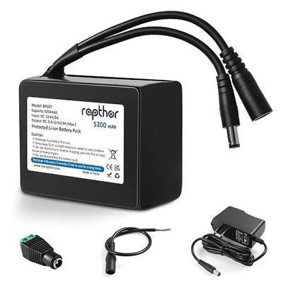 Rapthor Rechargeable 12V 5200mAh Li-ion Battery Pack, 12.6V/2A Fast Charger and DC5521 Connector for 12V Devices, DIY Projects, Routers, Radios, LED Light Strips, Security Cameras, Telescopes
