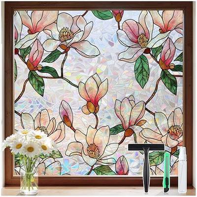DOWELL Stained Glass Window Privacy Film, Prism Magnolia, 17.5" x 78.7" | Decorative Rainbow Prism Effect, Privacy Shield, UV Block, No Glue, Easy to Apply, Home Decor, Suitable for Home, Office