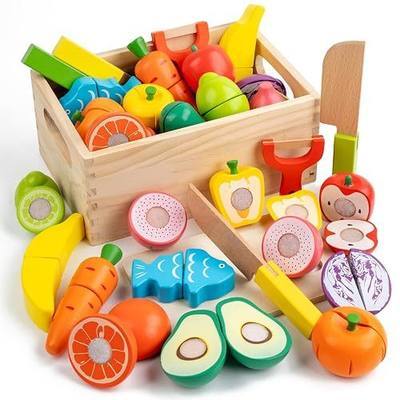 Wooden Play Food Sets for Kids Kitchen, Velcro Fruits and Vegetables Cutting Set, Fake Food Play Kitchen Accessories, Learning Pretend Play for Toddlers 3-5 Boys Girls