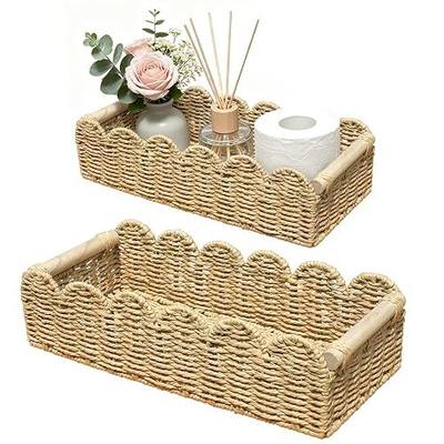 2 Pack Scalloped Wicker Toilet Paper Storage Baskets, Handwoven Paper Rope Bathroom Organizer with Handle, Decorative Woven Bins for Toilet Tank, Countertop, Shelves, Living Room, Bedroom, Beige