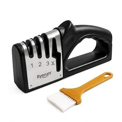 Basics 4-in-1 Knife Sharpener with Non-Slip Base, Scissor Sharpener Includes Cleaning Brush,Knife Sharpener for Kitchen Knives and Scissors, Professional Pull-Through,Easy to Use