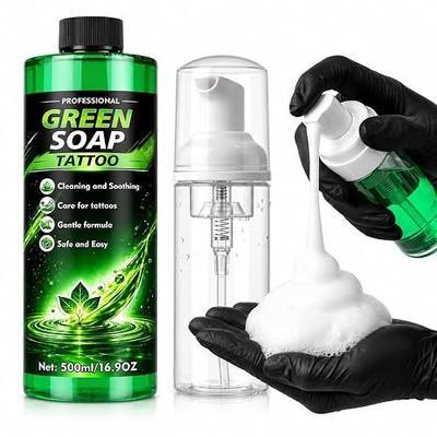 500ML Tattoo Green Soap, 100% Ultra Concentrated Tattoo Soap with Foaming Bottle 220ml, Vegan Formula Gentle Tattoo Green Soap for Tattooing & Piercing, Tattoos Supplies