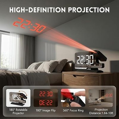 Projection Clock,Alarm Clocks for Bedrooms,7.3" Mirror Bedside Clock with 180°Rotating Projector,6 Brightness Adjust,Dual Alarm with 3 Mode,Date,DST,Charging Port,5 Levels Volume for Home