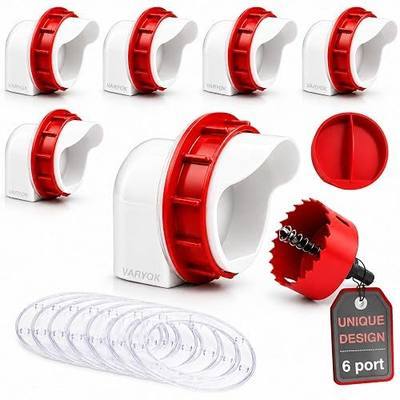 Chicken Feeder Port Kit, 6 Ports No Waste Automatic Chicken Feeder Cups with Rainproof Covers, 3.15" Hole Saw, DIY Gravity Poultry Feeder for Buckets, Barrels, Bins & Troughs