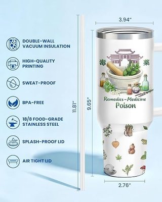 34HD Anime Apothecary Tumbler 40oz with Handle & Straw, Insulated Stainless Steel Travel Mug, Cute Herbal Potion Cup, Kawaii Anime Gift for Women, Girls & Fantasy Lovers