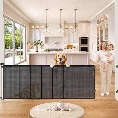 Pawtners Retractable Baby Gates, 34" Tall Extends to 120" Wide Dog Gate | 6 FT Gate with Reinforced 8 Supporting Rods to Prevent Crawling for Stairs Hallways Indoor Outdoor Open Spaces