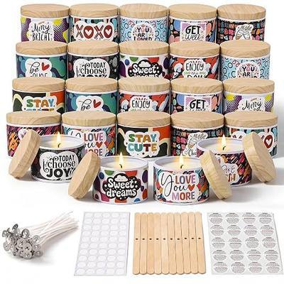 LumaCraft Thick Candle Jars for Making Candles 24 Pcs, 4 OZ Empty Jars with Wood Lids for Candle Making,Colorful Inspirational Print Candle Containers with Candle Making Supplies