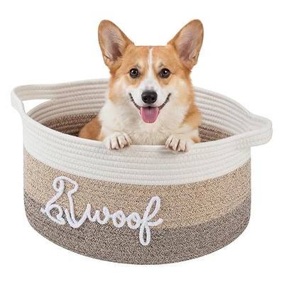 OIAHOMY 22L Large Dog Toy Basket, 16.5"x11.4"x9" Cotton Rope Basket with Cute Woof Embroidery, Soft Woven Pet Toy Box with Handles for Blankets, Leashes & Puppy Accessories, Decorative Organizer Brown