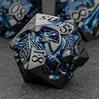 Roycevon Relief Dragon DND Dice Set for Role Playing Game, 7Pcs Metal D&D Dice Set Dungeons Dragons with Gift Box, Polyhedral D and D Dice D20 D12 D10 D8 D6 D4, Blue and Black