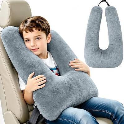 Kids Travel Pillow for Car Seat - Ergonomic Car Neck Pillows for Toddler & Adult, Provides Head & Body Support, Stays Secure with Straps for Sleeping During Road Trips, Traveling (Gray)