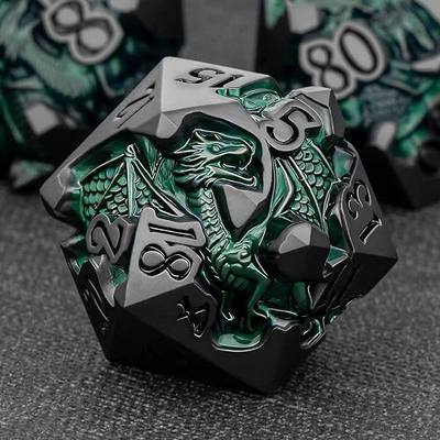 Roycevon Relief Dragon DND Dice Set for Role Playing Game, 7Pcs Metal D&D Dice Set Dungeons Dragons with Gift Box, Polyhedral D and D Dice D20 D12 D10 D8 D6 D4, Green and Black