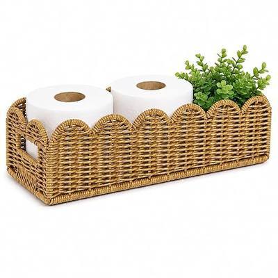 Scalloped Toilet Paper Basket for Toilet Tank, Water-Resistant | 1 Pack, wicker look faux rattan, 14.6x6.7x4 in, for toilet tank, bathroom counter, toilet paper, towels & toiletries