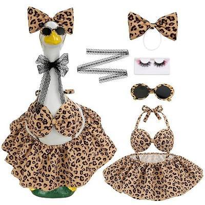 Leopard Bikini Porch Goose Outfit Set for 23 Inch Goose Statue, Swimsuit with Bow Eyelashes Lace Sunglasses Strap, Wild Style Summer Goose Clothes Decor (Leopard)