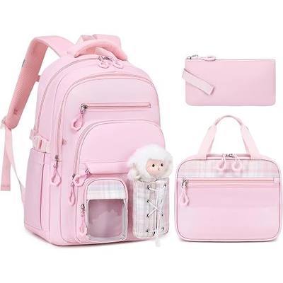 GeeWin Girls Backpack for School with Lunch Box & Pencil Case Set, 17 Inch Stylish Plaid Girls Bookbag with Lots of Pockets for Kids, Teens, Elementary Middle High College School Student (Pink)
