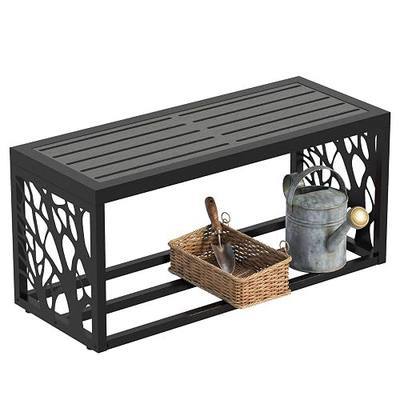 37" Outdoor Storage Bench, HDPE Seat, Steel Frame, Tree | Weather-resistant, Modern Design, Lower shelf for Storage, Adjustable Feet, Easy Assembly, Perfect for porch, garden, patio