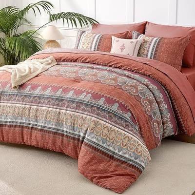 JOLLYVOGUE King Comforter Set 7-Piece, Bohemian Bed in a Bag, Coral | Printed Bedding Set, All-season, Double Brushed, Ultra-Soft Microfiber, Down-alterniative, OEKO Certified
