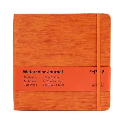 CuppaClip Leather Watercolor Journal, 300gsm/140lb 100% Cotton Cold Press Water ColorPaper, 20 Sheets Acid-Free Watercolor Sketchbook Art Notebook for Painting, Drawing, Travel (Orange, 7×7in)