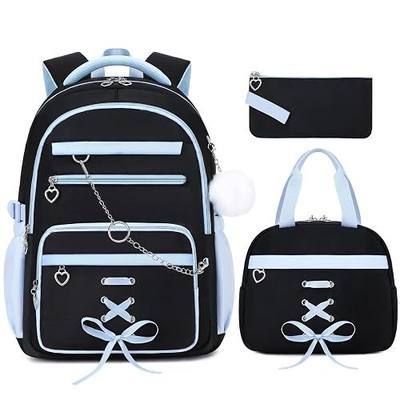 GeeWin Backpacks for Girls, Girls Backpack with Lunch Box & Pencil Case Set, Waterproof Bookbag with a Detachable Chain for Kids, Teens, Elementary Middle High College School Student (Black/Blue)