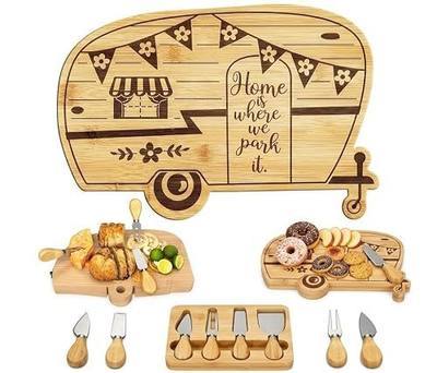 Foldable RV Charcuterie Boards Gift Set for Serving - Happy Camper Bamboo Cutting Board with Utensils, House Warming Gifts New Home, Wedding, Birthday & Bridal Shower Gifts for Women Couples
