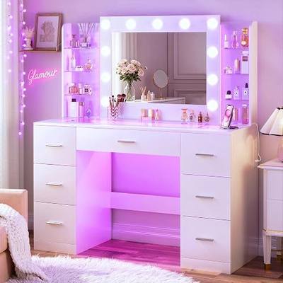 HUAHUU Vanity Desk with Mirror and Hollywood Lights, Makeup Vanity 6 Backlit Open Shelves with Frosted Panel & RGB Light, Transparent Top, Power Outlet, 7 Drawers & Storage Organizer for Bedroom