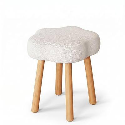 Cmishe Cloud Vanity Stool with Solid Beech Wood Legs, Boucle Makeup Chair for Bedroom, Flower Shaped Upholstered Ottoman, Cute Dressing Stool for Girls & Dorm, Cream White