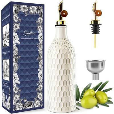 Ceramic Olive Oil Dispenser Bottle for Kitchen with Gravity Spout, 19 oz Opaque Relief Oil Cruet with Funnel, Oil Container for EVOO, Vinegar, and Soy Sauce (Honeycomb Design)