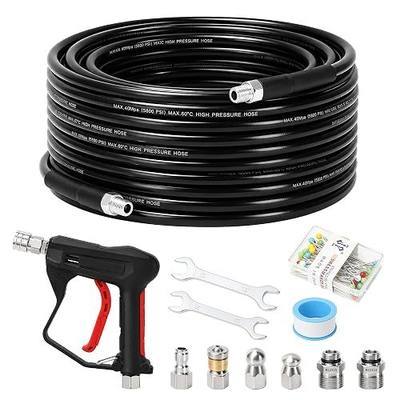 Sewer Jetter Kit for Pressure Washer 50 FT, Drain Cleaning Hose with Short Gun, 1/4" NPT, Rotating, Button Nose & Corner Nozzles, High Pressure Pipe Cleaner for Sewer and Drain Cleaning