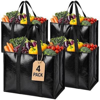 WISELIFE Reusable Grocery Bags with Handles - 4 Pack, Heavy Duty Black Shopping Tote Bags, Waterproof Inside & Out, Stand Upright, Foldable, Large Capacity for Groceries, Picnics, Trunk Storage, 33L