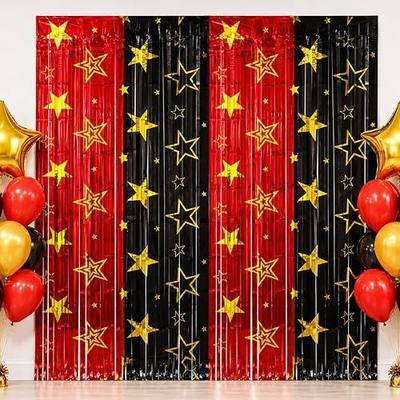Movie Night Foil Fringe Curtains Backdrop Decorations, 2 Pack | 3.3 x 6.6 Ft Star Red and Black Movie Tinsel Streamers Backdrop for Movie Theater Hollywood Theme Party Decoration Supplies