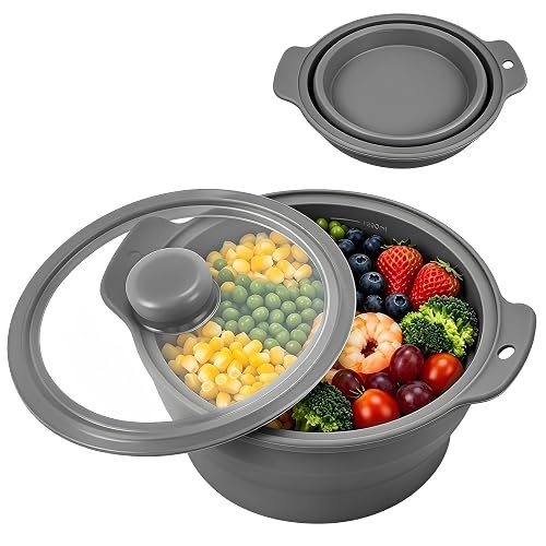 42oz Collapsible Silicone Steamer for Microwave(Grey) | Food-Grade Foldable Silicone Contanier for Cooking, BPA-Free & Heat Resistant Steam Pot, Dishwasher Safe