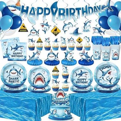182 Pcs Shark Birthday Party Decorations (Serves 24), Shark Party Decorations Include Banner Hanging Plates Napkins Cups Forks Tablecloth Topper Balloons for Party