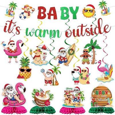 Summer Christmas Decorations, 14 Pcs Tropical Santa Decor with Banners Hanging Swirls for Summer Beach Pool Party Backyard BBQ Home Office Classroom Wall Decor