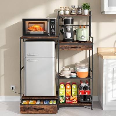 Housolution 6 Tier Mini Fridge Stand with Storage and Power Outlet | 2 Drawers & 4 Mug Hooks, Heavy-Duty Microwave Stand Baker Rack, Dorm/Office/Kitchen Use, Black & Brown