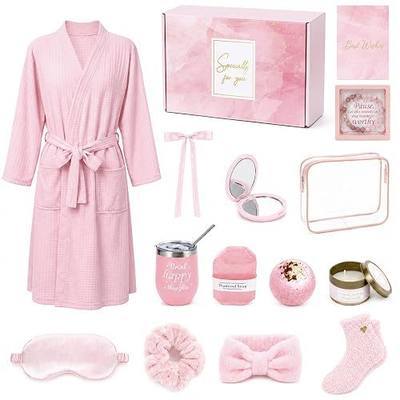 gisgfim 14Pcs Birthday Gifts for Women Spa Gift Basket Set Relaxing Home Products Self Care Kit Includes Mirror Socks Steamers Bath Robe for Women Mother's Day Her Friend Sister Wife Grandma (Pink)