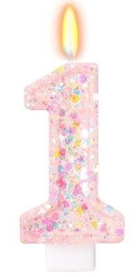 Pink Macaron Pastel Sequin Number 1 Candle, Solid Color Cake Topper for Kids Girls Birthday Party Decorations, Sweet Macaron Theme Party Supplies for Anniversary Celebrations