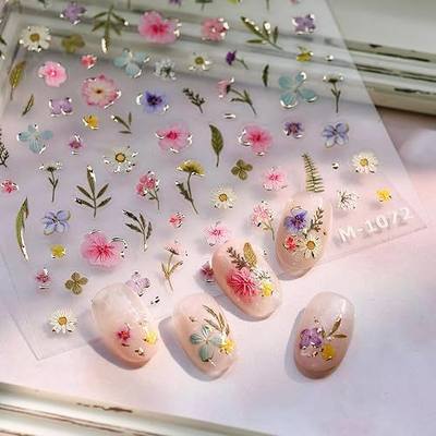 Flower Nail Stickers for Nail Art, Summer Nail Decals for Women, Colorful Nail Design for Gel Nails, Gold Nail Charms Decorations Accessories for Fingernail & Toenail Manicure, 1 Sheet