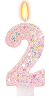 Pink Macaron Pastel Sequin Number 2 Candle, Solid Color Cake Topper for Kids Girls Birthday Party Decorations, Sweet Macaron Theme Party Supplies for Anniversary Celebrations