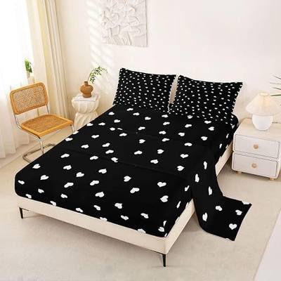 Manfei Cute Heart Adults Sheet Set Queen Size,Dreamy Princess Style Bedding Set for Kids Boys Girls Room Decor Playful Whimsical Deep Pocket(Fitted Sheet + 1 Flat + 2 Pillowcases),White Black