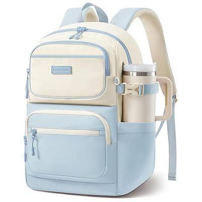 LOVEVOOK School Backpack for Teen Girls & College Students, Large Capacity Laptop Backpack with Water Bottle Holder, Lightweight Bookbag for School, Travel & Everyday Use, Beige-Light Blue