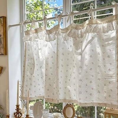 French Country Floral Lace Cafe Curtains for Kitchen Window -White Cotton Vintage Cottage Half Curtains with Tie Tops - Over Sink Light Filtering Valance for Living Room Bathroom 39×19 inch