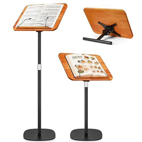 2-in-1 Dual-use Floor & Desktop Music Stand, Adjustable 16.5"-51" Book Stand, Solid Wood Sheet Music Holder, Floor Book Stand with Elastic Page Clip for Cookbooks, Laptop (Natural Wood Color)