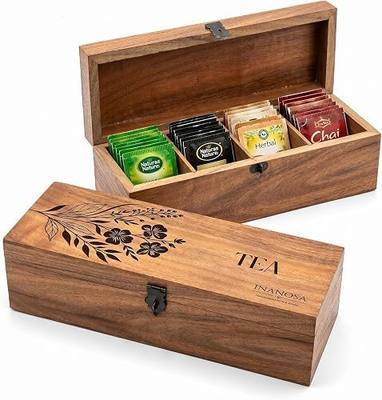 Handmade Acacia Wood Tea Organizer, 4 Compartment Tea Caddy Box with engraving (Classic Floral, 4 Compartments)