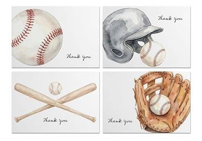 Baseball Thank You Cards Set - 24 Pack (4 Designs, 6 Each) with Envelopes - Watercolor Sports Cards - Blank Inside - Thick Matte Cardstock 3.5" x 4.87"
