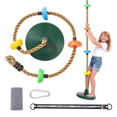 Tree Swing for Kids, 330LB Capacity Heavy Duty Climbing Rope with Platforms and Disc Swing Seat Set, Outdoor Backyard Playground Accessories with Carabiner, Thickened Strap and Tree Protector, Green