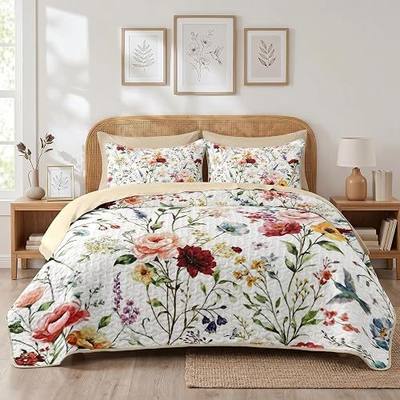Pamnest 7 Pcs Quilt Set Queen Size, Floral Wildflower Flower Soft Bed Cover Bedding Set for Kids and Adults, Boho Watercolor Bedspread with Fitted Sheet 2 Pillowcases & 2 Shams for All Season