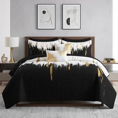 Pamnest 7 Pcs Quilt Set King Size, Abstract Gold Modern Soft Bed Cover Bedding Set for Kids and Adults, Black Grunge Bedspread with Fitted Sheet 2 Pillowcases & 2 Shams for All Season