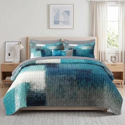 Pamnest Queen Quilt Set, 7 Piece Abstract Modern Bedding, Bedspreads | Teal Blue Turquoise Grey Lightweight Coverlet, Soft Bed Cover with 2 Pillow Shams for All Season