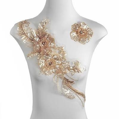 Sequin 3D Flowers Lace Applique,DIY Sew on Beaded Fabric Embroidered Flower Patch for Wedding Dress,Clothes,Dance Costumes (Light Coffee)